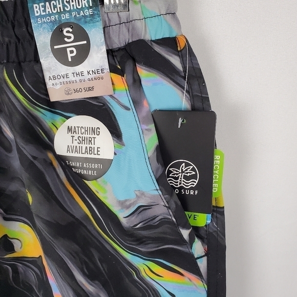 360 Surf Mens Beach Short Black w/ Colored Pattern Recycled Poly Choose Size - Picture 4 of 12
